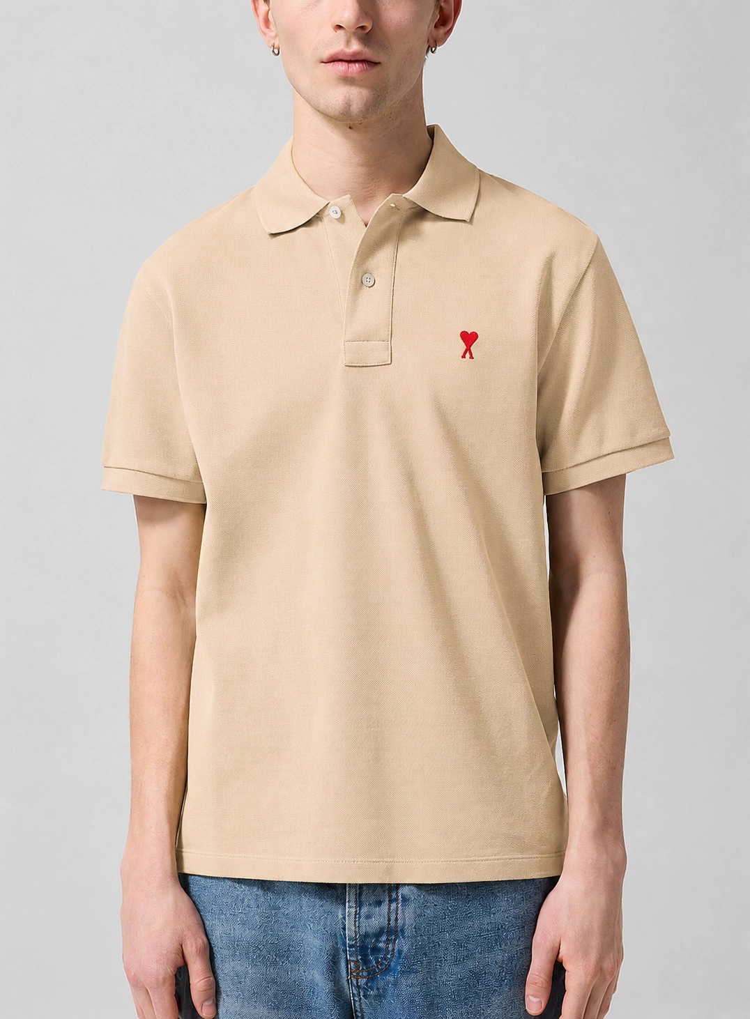 Ami Paris De Coeur Embroidered Polo Shirt - Khaki