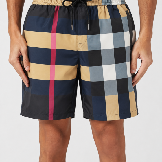 Burberry Navy Oversized Check Swim Shorts - Model Photo