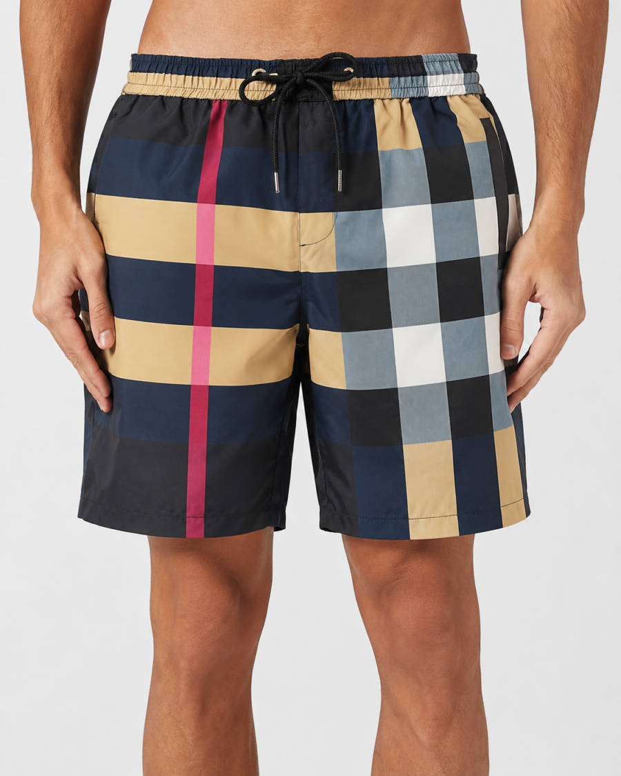 Burberry Navy Oversized Check Swim Shorts - Model Photo