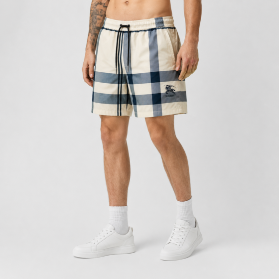 Burberry Cream Check-Trim Swim Shorts - Model Photo