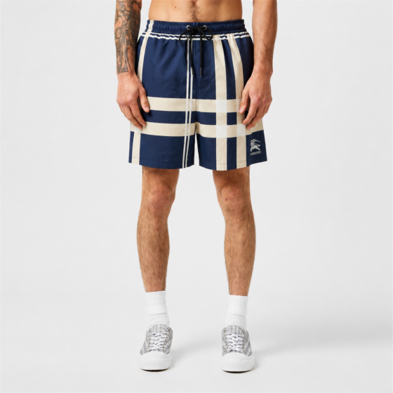 Burberry Navy & Cream Stripe Swim Shorts - Model Photo