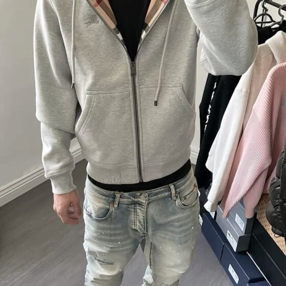 Burberry Full-Zip Hoodie - Grey White - Model Photo