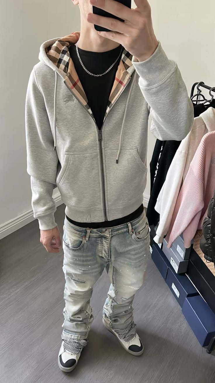 Burberry Full-Zip Hoodie - Grey White - Model Photo