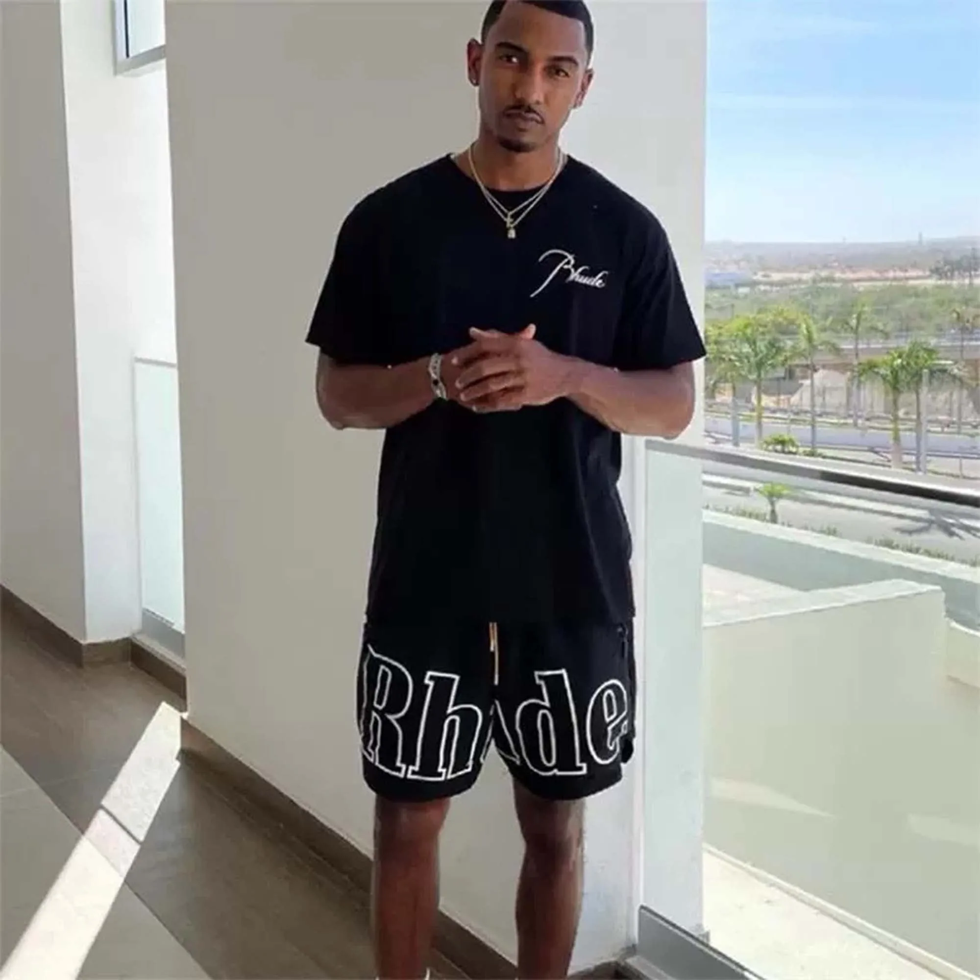 Rhude Oversized Logo Zip-Pocket Shorts - Black / White Logo