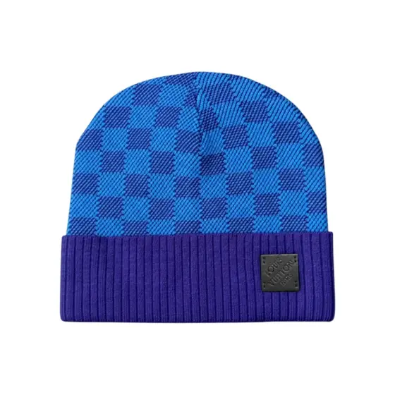 LV Damier Ribbed-Cuff Beanie - Blue
