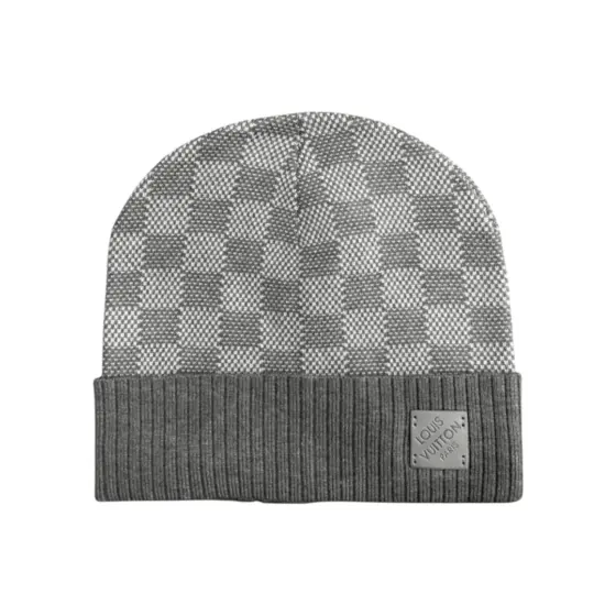 LV Damier Ribbed-Cuff Beanie - Light Grey