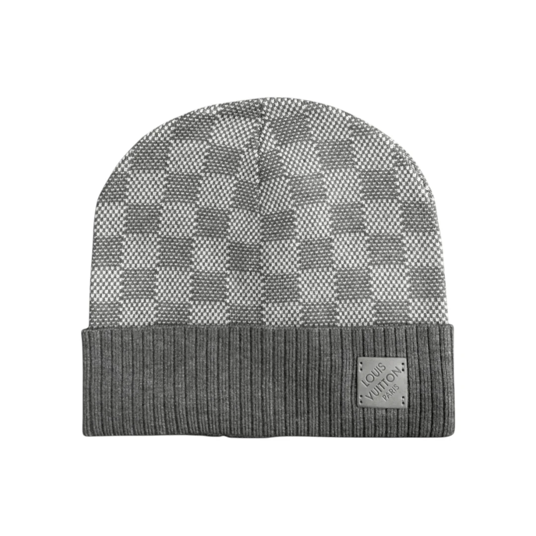 LV Damier Ribbed-Cuff Beanie - Light Grey