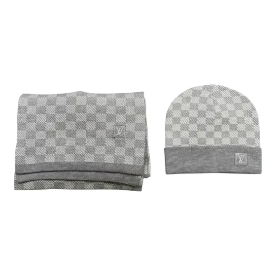 LV Damier Beanie & Scarf Set - Light Grey
