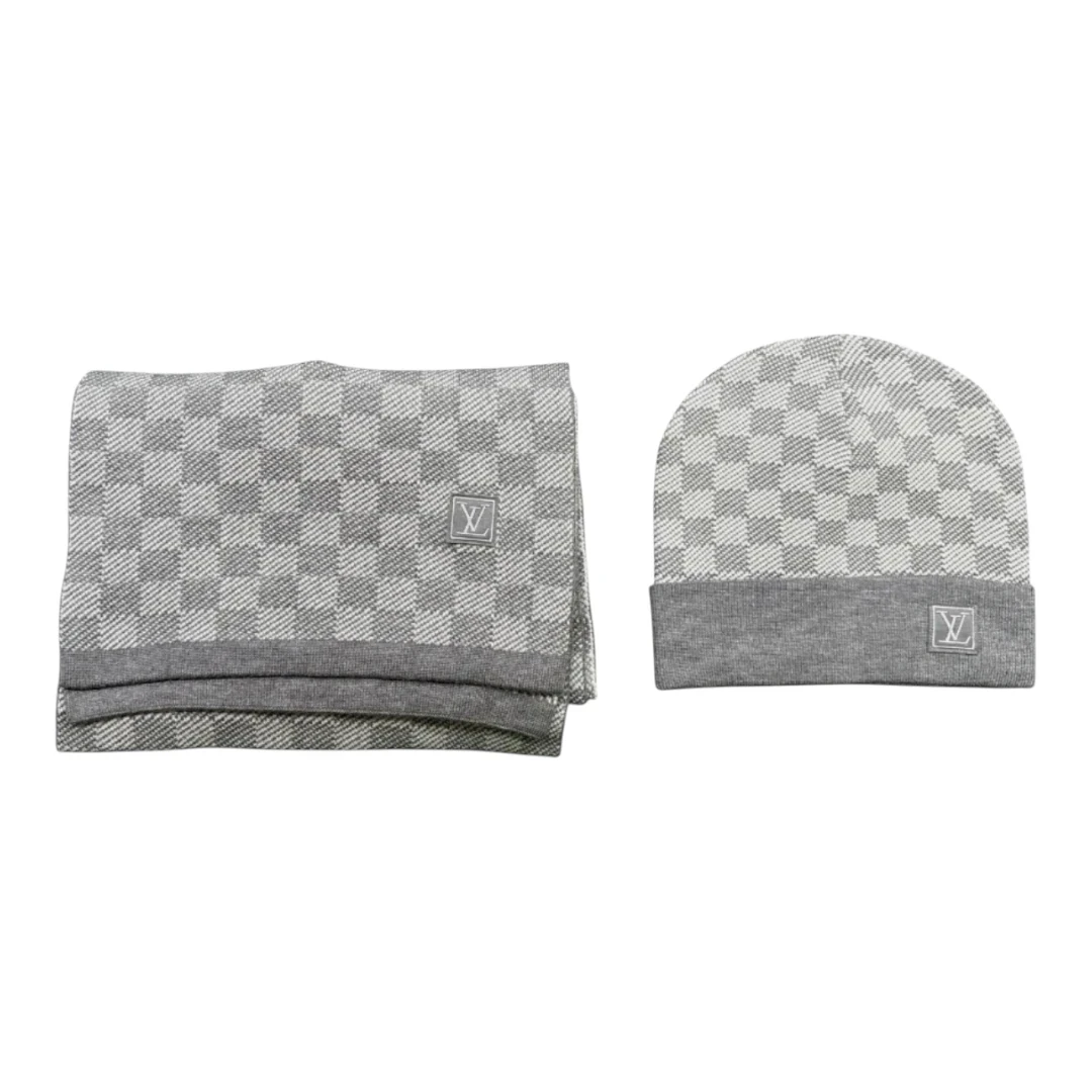 LV Damier Beanie & Scarf Set - Light Grey