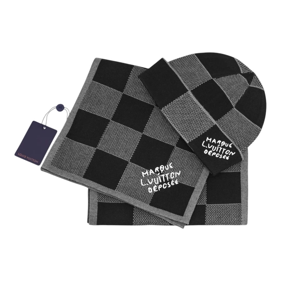 LV Checkerboard Beanie & Scarf Set - Black & Grey