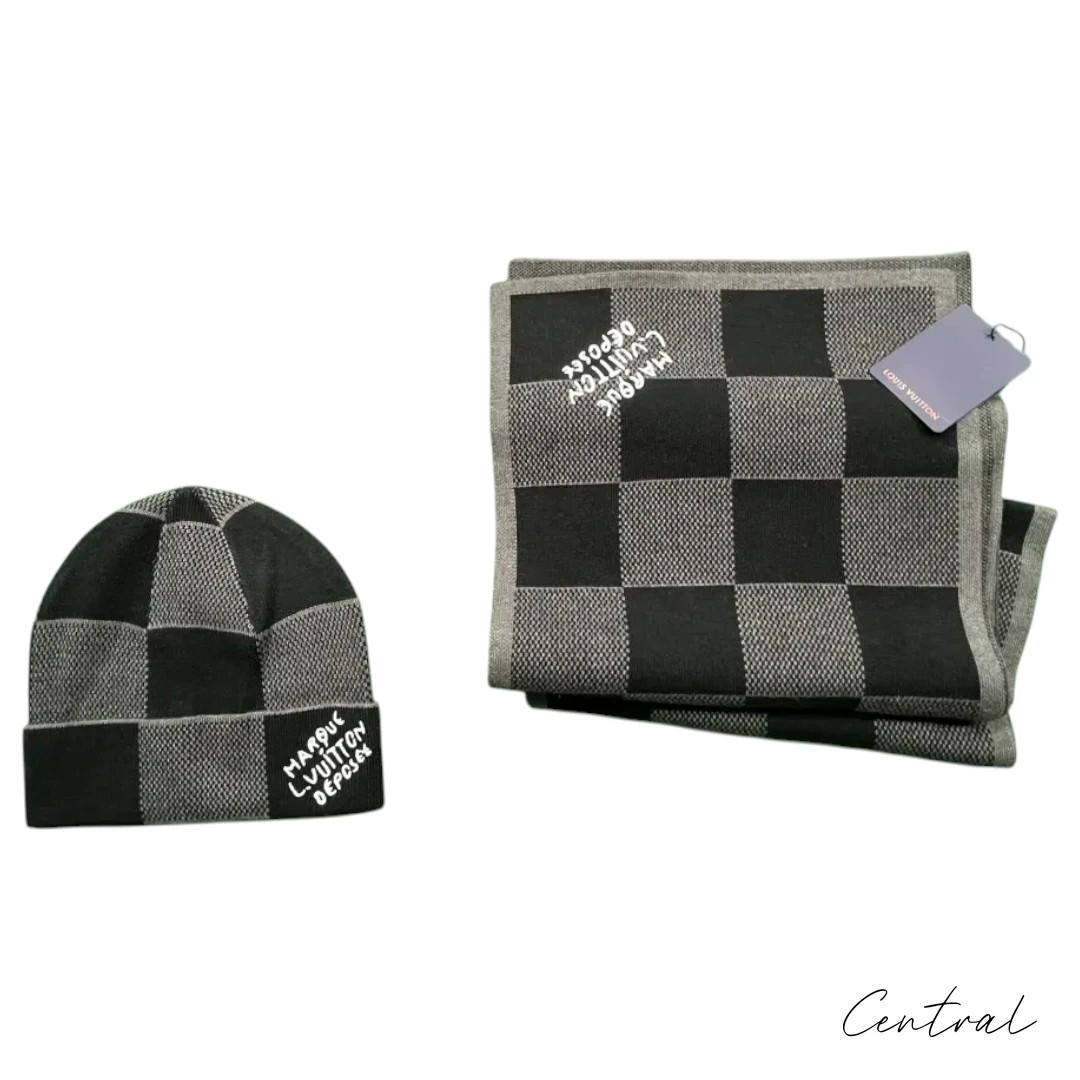 LV Checkerboard Beanie & Scarf Set - Black & Grey - Image 4