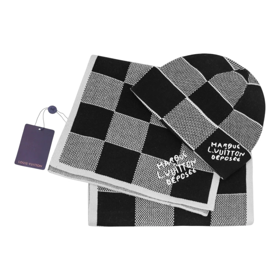 LV Checkerboard Beanie & Scarf Set - Black & White