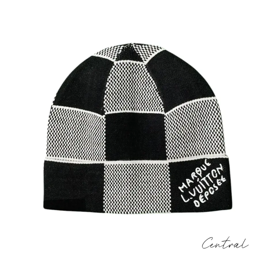 LV Checkerboard Beanie & Scarf Set - Black & White - Image 2