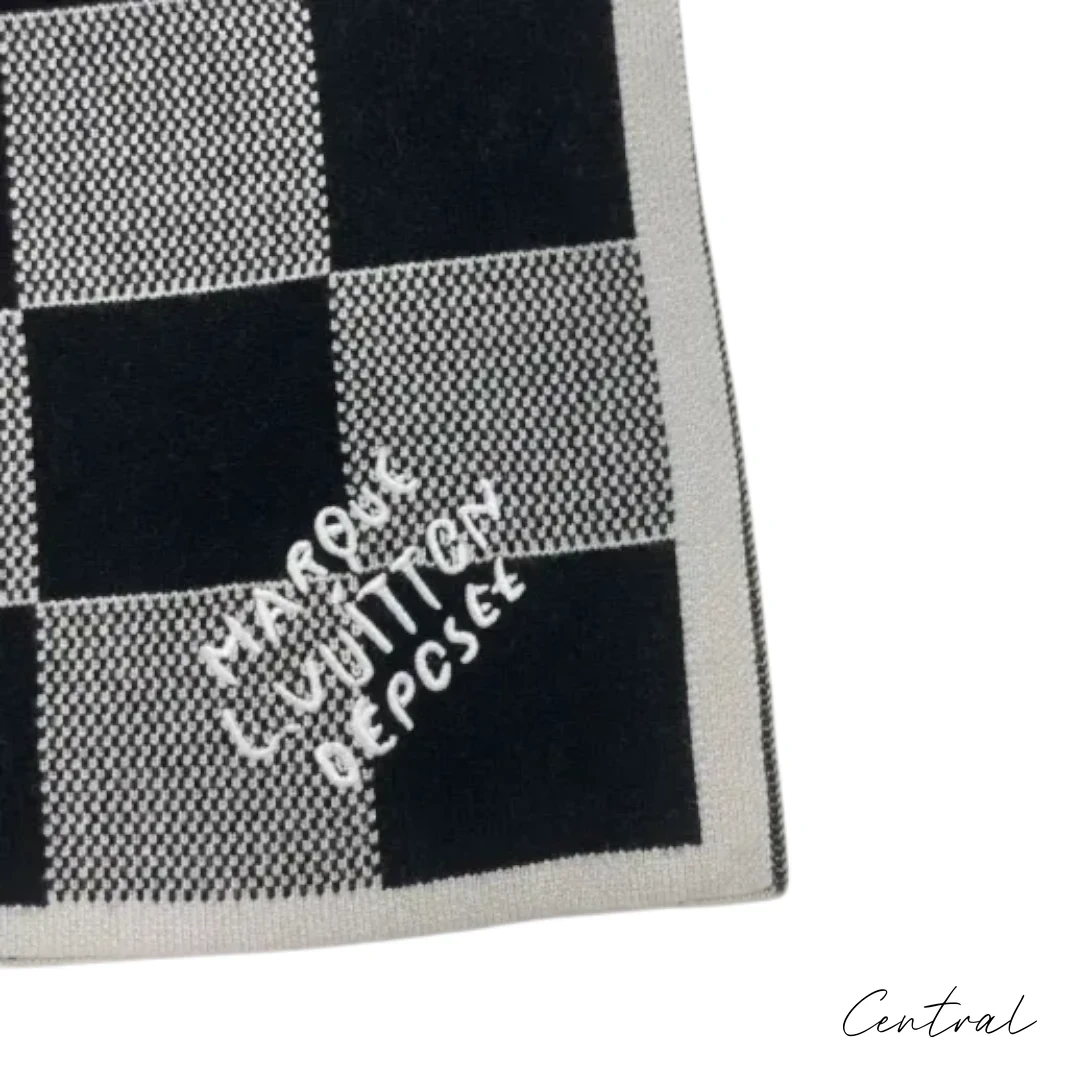 LV Checkerboard Beanie & Scarf Set - Black & White - Image 7