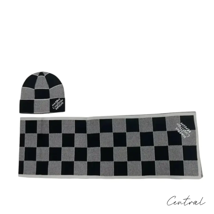 LV Checkerboard Beanie & Scarf Set - Black & White - Image 8