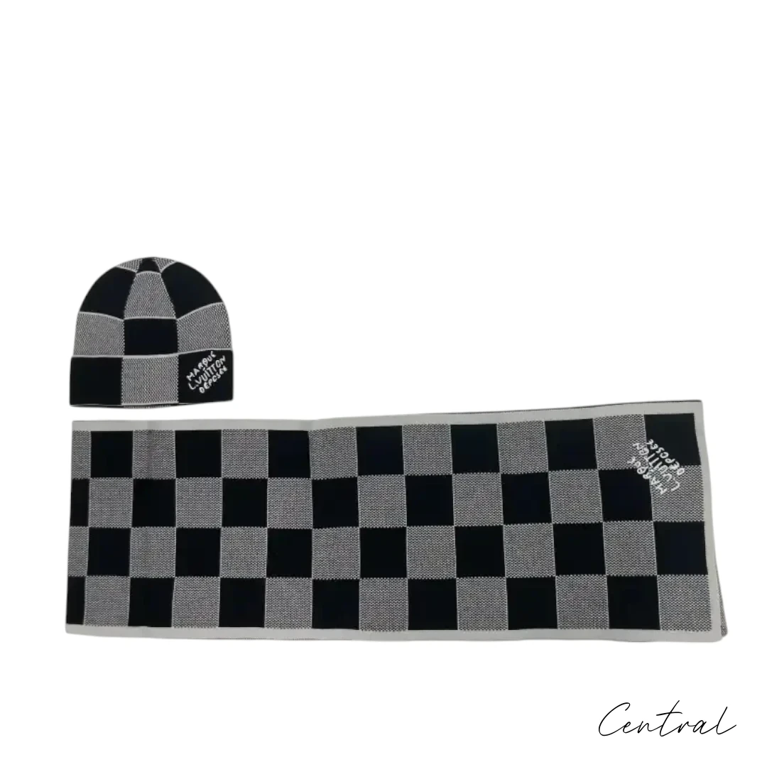 LV Checkerboard Beanie & Scarf Set - Black & White - Image 8