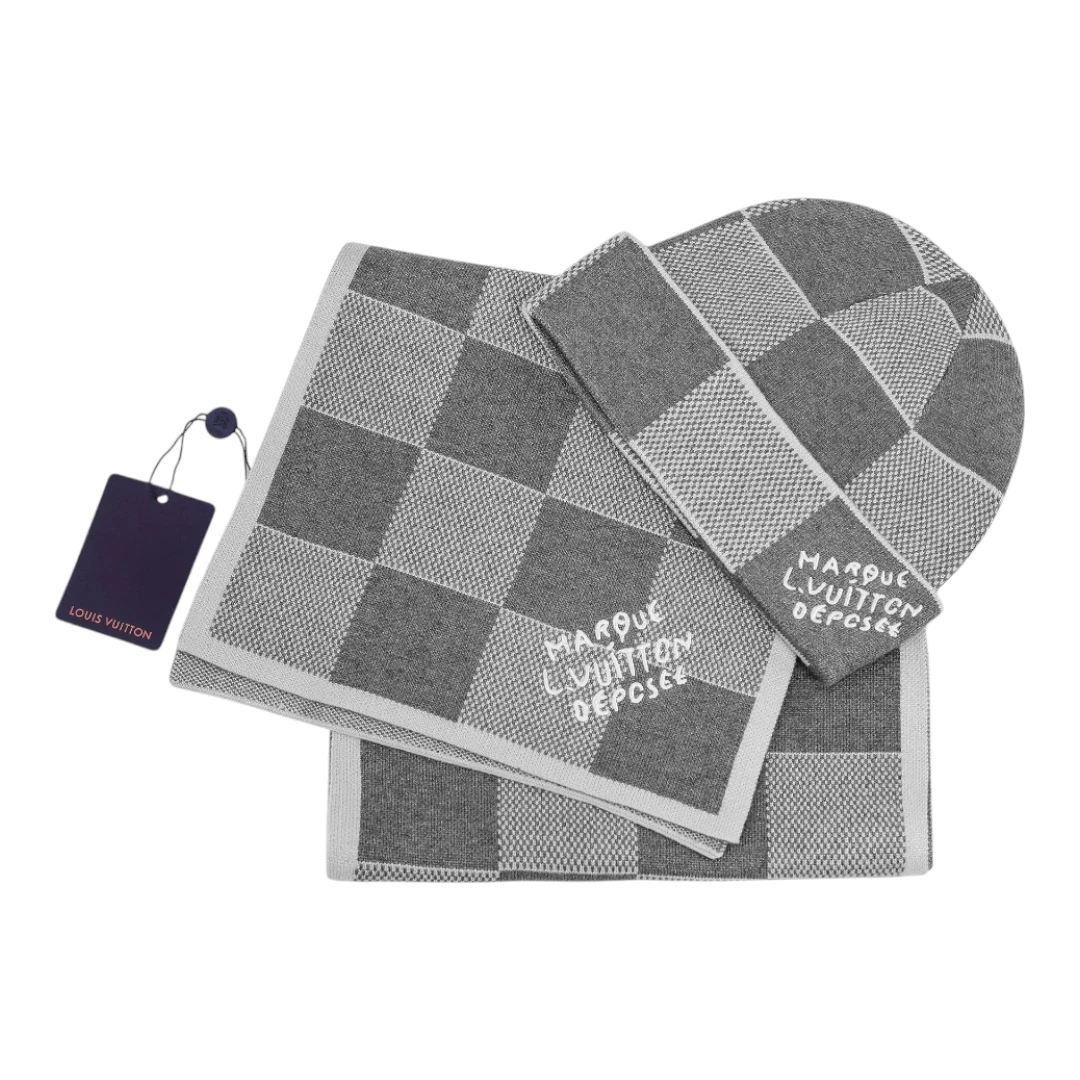 LV Checkerboard Beanie & Scarf Set - Grey