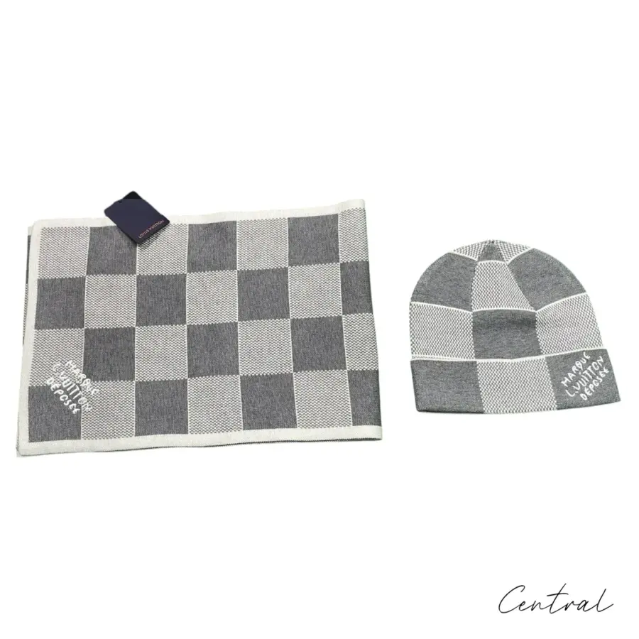 LV Checkerboard Beanie & Scarf Set - Grey - Image 6