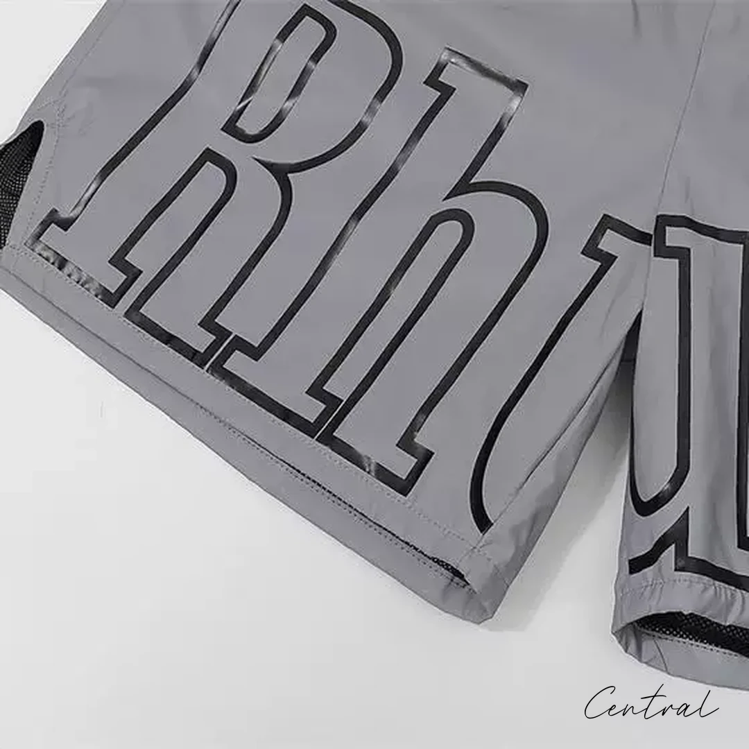 Rhude Oversized Logo Zip-Pocket Shorts - Reflective Grey