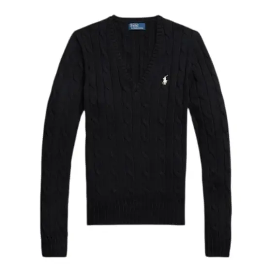 Ralph Lauren Cable Knit V-Neck Sweater - Black Women