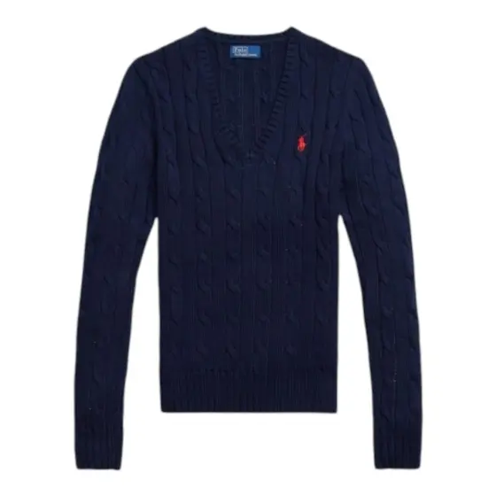 Ralph Lauren Cable Knit V-Neck Sweater - Navy Women
