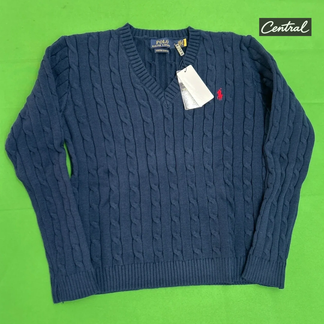 Ralph Lauren Cable Knit V-Neck Sweater - Navy Women