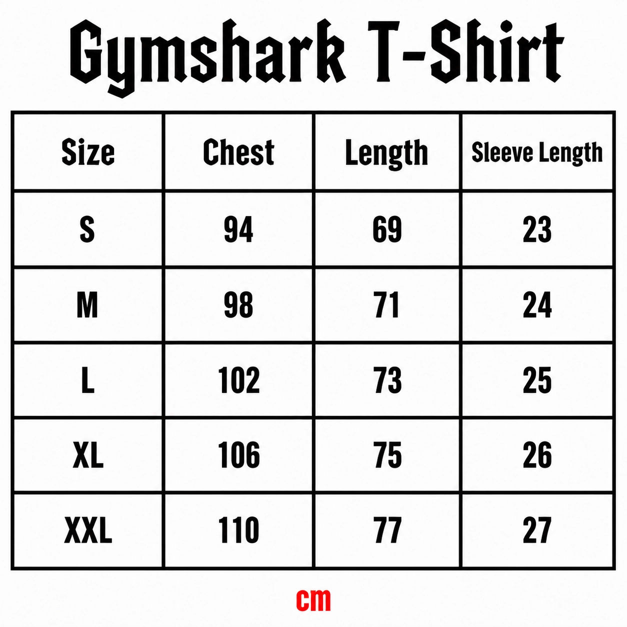 Gymshark T-Shirt Size Chart